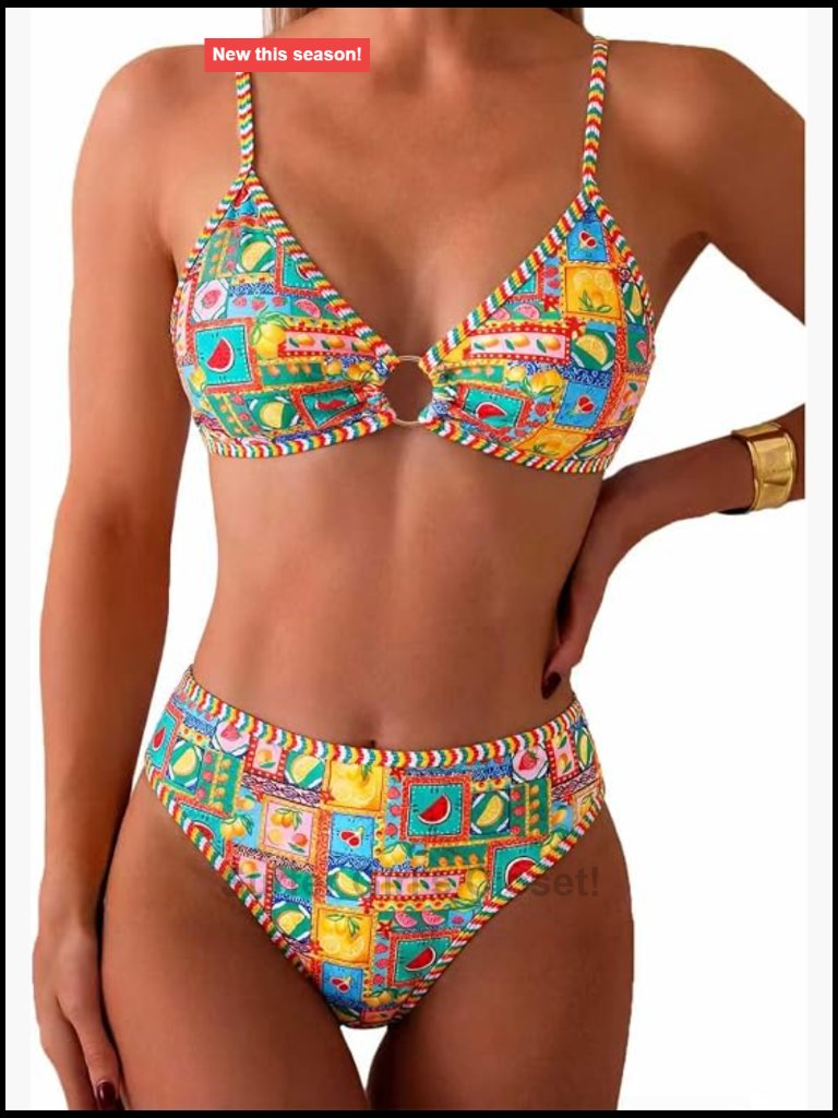Two Piece Bikini Set O Ring Front Triangle Top Cheeky Bottom Bathing Suit